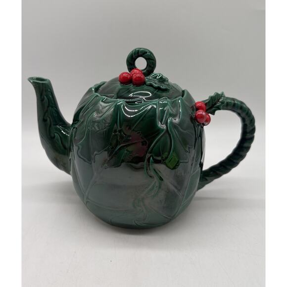 Vintage MCM Lefton Holly Berry Teapot 6 Cup Green Red Berries EUC